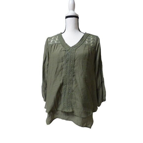 Style & Co Lace-Yoke Handkerchief-Hem Top, Olive Spring, XS - Picture 3 of 7